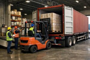 در این تصویر، فرآیند بارگیری اصولی کالا داخل یک کانتینر حملونقل مشاهده میشود. یک لیفتراک در حال انتقال پالتهای بستهبندیشده به داخل کانتینر است و چند نیروی کار با تجهیزات ایمنی مانند کلاه ایمنی و جلیقه شبتاب بر عملیات نظارت دارند. بارها بهصورت منظم، روی پالت و با سلفون محافظ پیچیده شدهاند که این موضوع نشاندهنده رعایت اصول ایمنی، جلوگیری از جابهجایی بار و کاهش خسارت در حین حملونقل است. این نوع بارگیری معمولاً در انبارهای استاندارد و برای حملونقلهای بینشهری یا بینالمللی انجام میشود.