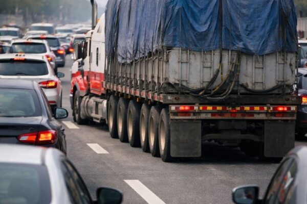 در این تصویر یک کامیون حمل بار صنعتی بزرگ دیده می‌شود که در میان ترافیک سنگین شهری گرفتار شده است. نمای عکس از پشت خودروها گرفته شده و پشتِ ماشین‌های سواری و کامیون رو به بیننده است. بار کامیون با روکش برزنتی آبی به‌صورت اصولی پوشانده شده و کامیون در لاین میانی جاده قرار دارد. چراغ ترمز خودروها روشن است که نشان‌دهنده توقف یا حرکت بسیار کند ترافیک است. ساختمان‌های بلند و تیرهای چراغ برق در پس‌زمینه، فضای شهری و شلوغی مسیر را به‌خوبی نشان می‌دهند و حس تأخیر در حمل‌ونقل بار را منتقل می‌کنند.