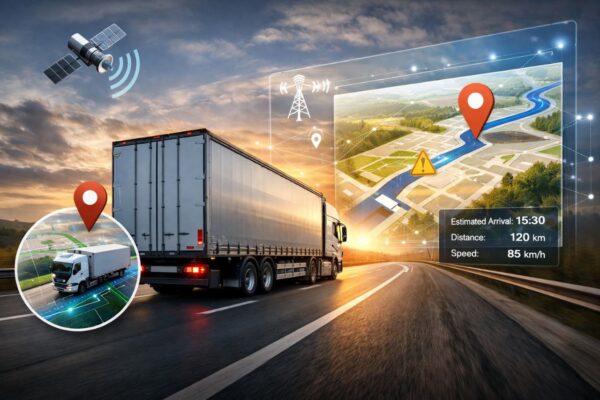 این تصویر یک کامیون سنگین را در حال حرکت روی جاده نشان می‌دهد که با تکنولوژی GPS و نرم‌افزارهای حمل‌ونقل ردیابی می‌شود. نقشه دیجیتال روی تصویر، مسیر حرکت، موقعیت دقیق کامیون، سرعت و زمان تقریبی رسیدن بار را نمایش می‌دهد. همچنین ماهواره و آیکون‌های ردیابی، مفهوم هوشمندسازی باربری و مدیریت ناوگان را به صورت تصویری و واقعی نشان می‌دهند.