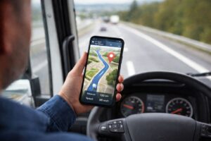 تصویر یک راننده کامیون را نشان می‌دهد که در داخل کابین نشسته و گوشی در دست دارد. روی صفحه گوشی یک نقشه GPS واقعی با مسیر حرکت کامیون، موقعیت و زمان تقریبی رسیدن بار نمایش داده شده است. تصویر تمرکز روی ردیابی لحظه‌ای و مدیریت هوشمند باربری را نشان می‌دهد و حس حرفه‌ای بودن عملیات لجستیک را منتقل می‌کند.