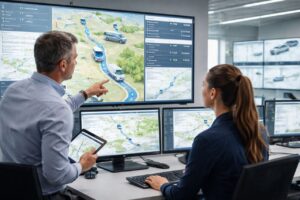 تصویر دو مدیر ناوگان را در یک دفتر مدرن لجستیک نشان می‌دهد که در حال نظارت بر موقعیت لحظه‌ای کامیون‌ها روی مانیتورهای بزرگ و مانیتورهای رومیزی هستند. یکی از مدیران تبلت در دست دارد و به صفحه نمایش اشاره می‌کند، در حالی که مدیر دیگر با کیبورد و موس مشغول ثبت و تحلیل داده‌هاست. محیط واقعی و حرفه‌ای دفتر، حس کنترل کامل و مدیریت هوشمند ناوگان را منتقل می‌کند.