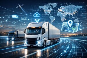 این تصویر نمایی واقع‌گرایانه از آینده باربری هوشمند و حمل‌ونقل دیجیتال را نشان می‌دهد. کامیون‌های مدرن و پیشرفته در بزرگراهی هوشمند در حال حرکت هستند که با داده‌های دیجیتال، نقشه‌های هوشمند، GPS، اینترنت اشیا (IoT) و تحلیل لحظه‌ای اطلاعات احاطه شده‌اند. اتصال جهانی، مدیریت مسیرها، کاهش مصرف سوخت و افزایش سرعت و ایمنی حمل‌ونقل از مهم‌ترین مفاهیمی است که در این تصویر نمایش داده می‌شود. این تصویر نمادی از تحول صنعت لجستیک، باربری هوشمند، حمل‌ونقل مدرن و استفاده از فناوری‌های نوین در زنجیره تأمین است.