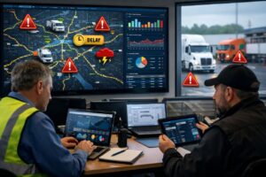 در تصویر، دو مدیر باربری در یک مرکز کنترل در حال بررسی وضعیت ناوگان هستند. یکی از آن‌ها با لباس آبی و جلیقه ایمنی روی لپ‌تاپ خود نمودارها و داده‌های عملکرد ناوگان را بررسی می‌کند، و دیگری با کلاه و ژاکت، داده‌های خودروها را روی تبلت مشاهده می‌کند. در پس‌زمینه، کامیون‌ها و مسیرهای باربری دیده می‌شوند و روی نقشه بزرگ پشت سرشان، آیکون‌های هشدار برای تأخیر، شرایط جوی نامساعد و مشکلات احتمالی حمل‌ونقل نمایش داده شده‌اند. همچنین نمودارها و داشبوردهای تحلیلی در تصویر نشان‌دهنده پیش‌بینی مشکلات و وضعیت کلی ناوگان هستند.