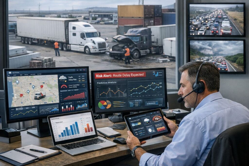 این تصویر یک مدیر لجستیک را در اتاق کنترل باربری نشان می‌دهد که با استفاده از چند مانیتور، داده‌های مربوط به مسیرها، وضعیت ناوگان، ترافیک و ریسک تأخیر را بررسی می‌کند. در پس‌زمینه، محوطه باربری و کامیون‌ها دیده می‌شود که ارتباط مستقیم تحلیل داده با عملیات واقعی حمل‌ونقل را نشان می‌دهد. این تصویر نمادی از مدیریت داده‌محور در صنعت باربری است.