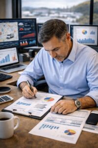 این تصویر مردی را نشان می‌دهد که با تمرکز بالا در حال بررسی اسناد و نمودارهای آماری روی میز خود است. حالت بدن و نگاه رو به پایین، دقت و تحلیل عمیق داده‌ها را القا می‌کند و بیانگر فرآیند تصمیم‌سازی در مدیریت باربری مبتنی بر داده است.