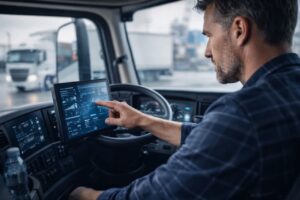 این تصویر راننده کامیون را در کابین خودرو و در حال استفاده از یک تبلت یا مانیتور دیجیتال نشان میدهد. بدون نمایش مستقیم GPS، حس استفاده از فناوریهای هوشمند در کنترل و پایش حمل بار منتقل میشود. تصویر نشاندهنده نقش هوش مصنوعی در کمک به رانندگان برای افزایش دقت، ایمنی و هماهنگی در فرآیند باربری صنعتی است.