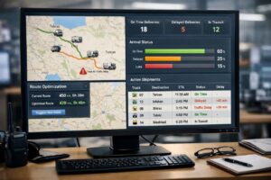 صفحه مانیتور با نرم‌افزار مدیریت حمل‌ونقل نشان داده شده است که مسیرهای کامیون‌ها روی نقشه، جدول‌ها و نمودارهای زمان رسیدن، تأخیرها و بهینه‌سازی مسیرها را نمایش می‌دهد. این تصویر بر اهمیت نظارت دیجیتال و برنامه‌ریزی دقیق برای کاهش تأخیر و افزایش کارایی در حمل بار صنعتی تأکید دارد.