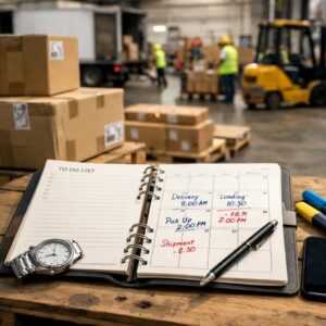 این تصویر یک دفتر برنامه‌ریزی باز را روی میز چوبی در محوطه صنعتی نشان می‌دهد. دفتر شامل تقویم و برنامه زمان‌بندی روزانه است و کنار آن یک ساعت مچی و خودکار قرار دارد. در پس‌زمینه بسته‌های صنعتی و کامیون‌ها دیده می‌شوند که حس محیط واقعی باربری را منتقل می‌کنند. این تصویر بر اهمیت زمان‌بندی دقیق و مدیریت برنامه‌ها در حمل‌ونقل صنعتی تأکید دارد.