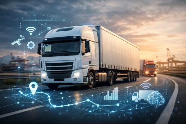 این تصویر نمایی واقعی از یک کامیون سنگین مدرن در حال حرکت در مسیر صنعتی را نشان می‌دهد که با المان‌های ظریف دیجیتال مانند خطوط داده، نقشه مسیر و نشانه‌های هوش مصنوعی ترکیب شده است. تصویر به‌خوبی نشان‌دهنده ورود فناوری‌های هوشمند به صنعت باربری صنعتی و نقش هوش مصنوعی در بهینه‌سازی مسیر، افزایش ایمنی و مدیریت هوشمند حمل‌ونقل است.