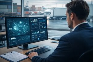 در این تصویر، یک مدیر یا کارشناس لجستیک در فضای کاری حرفهای دیده میشود که در حال بررسی داشبورد دیجیتال حملونقل روی مانیتور است. نمودارها، نقشه مسیرها و دادههای تحلیلی نمایشدادهشده روی صفحه، بیانگر نقش هوش مصنوعی در مدیریت ناوگان، برنامهریزی دقیق حمل بار و تصمیمگیری هوشمند در باربری صنعتی هستند.
