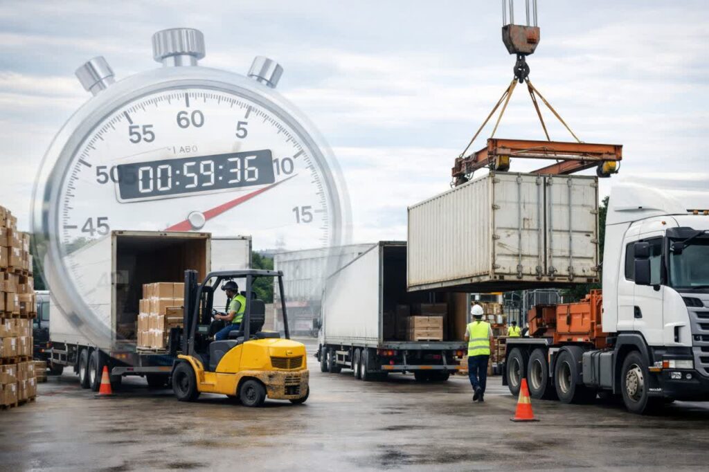 این تصویر صحنه‌ای از یک محوطه باربری صنعتی را نشان می‌دهد که دو کامیون در حال بارگیری و تخلیه هستند. یک جرثقیل کانتینر را بلند می‌کند و یک لیفتراک مشغول جابه‌جایی بسته‌هاست. در جلوی تصویر یک ساعت دیجیتال بزرگ و نیمه شفاف قرار دارد که حس مدیریت زمان و برنامه‌ریزی دقیق را منتقل می‌کند. کارگران با لباس ایمنی در حال هماهنگی هستند و فضای واقعی صنعت حمل‌ونقل به خوبی منتقل شده است.