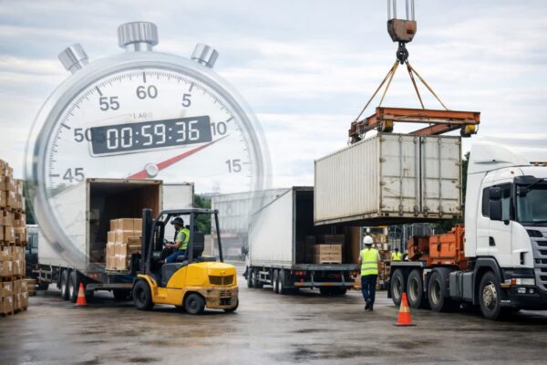 این تصویر صحنه‌ای از یک محوطه باربری صنعتی را نشان می‌دهد که دو کامیون در حال بارگیری و تخلیه هستند. یک جرثقیل کانتینر را بلند می‌کند و یک لیفتراک مشغول جابه‌جایی بسته‌هاست. در جلوی تصویر یک ساعت دیجیتال بزرگ و نیمه شفاف قرار دارد که حس مدیریت زمان و برنامه‌ریزی دقیق را منتقل می‌کند. کارگران با لباس ایمنی در حال هماهنگی هستند و فضای واقعی صنعت حمل‌ونقل به خوبی منتقل شده است.