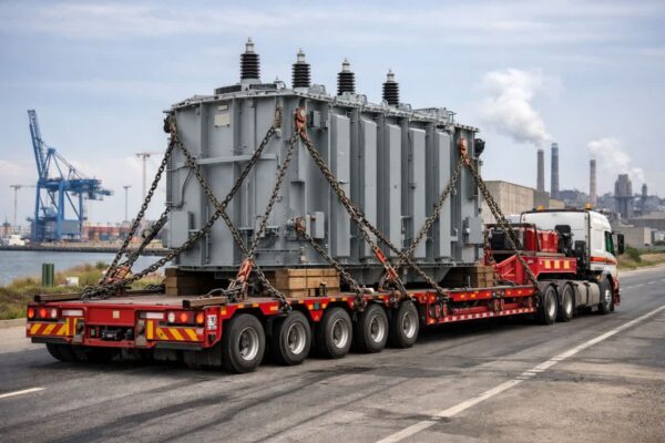 این تصویر یک تریلی چندمحور با رنگ قرمز و سفید را نشان می‌دهد که در یک محیط صنعتی در حال حمل یک ترانسفورماتور بسیار سنگین است. ترانسفورماتور روی بلوک‌های چوبی قرار گرفته و با زنجیرهای مقاوم محکم شده است تا در طول حمل و نقل کاملاً ثابت بماند. تریلی دارای چراغ‌ها و علائم هشداردهنده است تا حرکت بار حجیم به‌صورت ایمن انجام شود. در پس‌زمینه، جرثقیل‌های بندری، کانتینرهای حمل و نقل و دودکش‌های کارخانه دیده می‌شوند که فضای صنعتی و بندری را به تصویر می‌کشند. جاده‌ای که تریلی روی آن حرکت می‌کند آسفالت شده و خطوط عبور و مرور مشخص هستند، که حس واقعی و مقیاس بزرگی بار را نشان می‌دهد.
