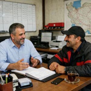 این عکس لحظه‌ای واقعی از گفت‌وگوی مدیر باربری و راننده کامیون را داخل دفتر کار نشان می‌دهد. مدیر پشت میز نشسته و در حال توضیح جزئیات مربوط به بار، زمان‌بندی یا مسیر حرکت است و راننده با دقت به صحبت‌های او گوش می‌دهد. روی میز مدارک، دفترچه یادداشت، تلفن همراه و استکان چای دیده می‌شود و در پس‌زمینه، نقشه مسیرها و تجهیزات اداری قرار دارد که فضای حرفه‌ای و کاری باربری را به‌خوبی نمایش می‌دهد.