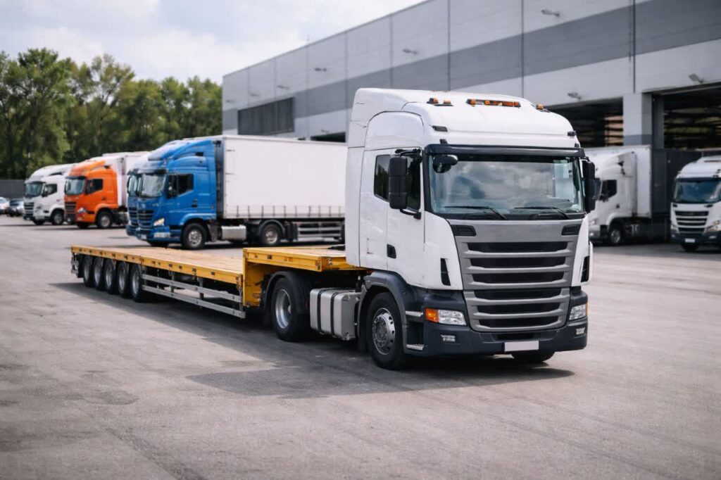 چند کامیون باربری صنعتی پارک شده در محوطه کارخانه، آماده برای حمل بارهای سنگین و صنعتی