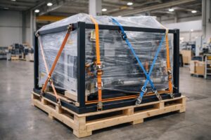 بسته‌بندی و مهاربندی تخصصی دستگاه صنعتی سنگین روی پالت با تسمه و فریم فلزی در سوله کارخانه قبل از حمل بار صنعتی