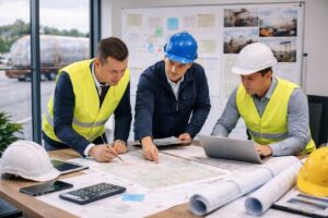 برنامه‌ریزی مسیر حمل بار صنعتی توسط کارشناسان لجستیک در دفتر، با نقشه‌ها، اسناد و تبلت روی میز